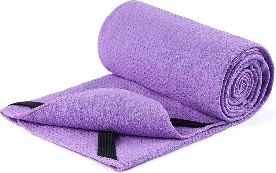 MICROFI Microfiber Hot Yoga Towel Mat, 24 x 72 inches, with Non-Slip Silicone Grip, Secure Fit Elastic Straps (Purple)
