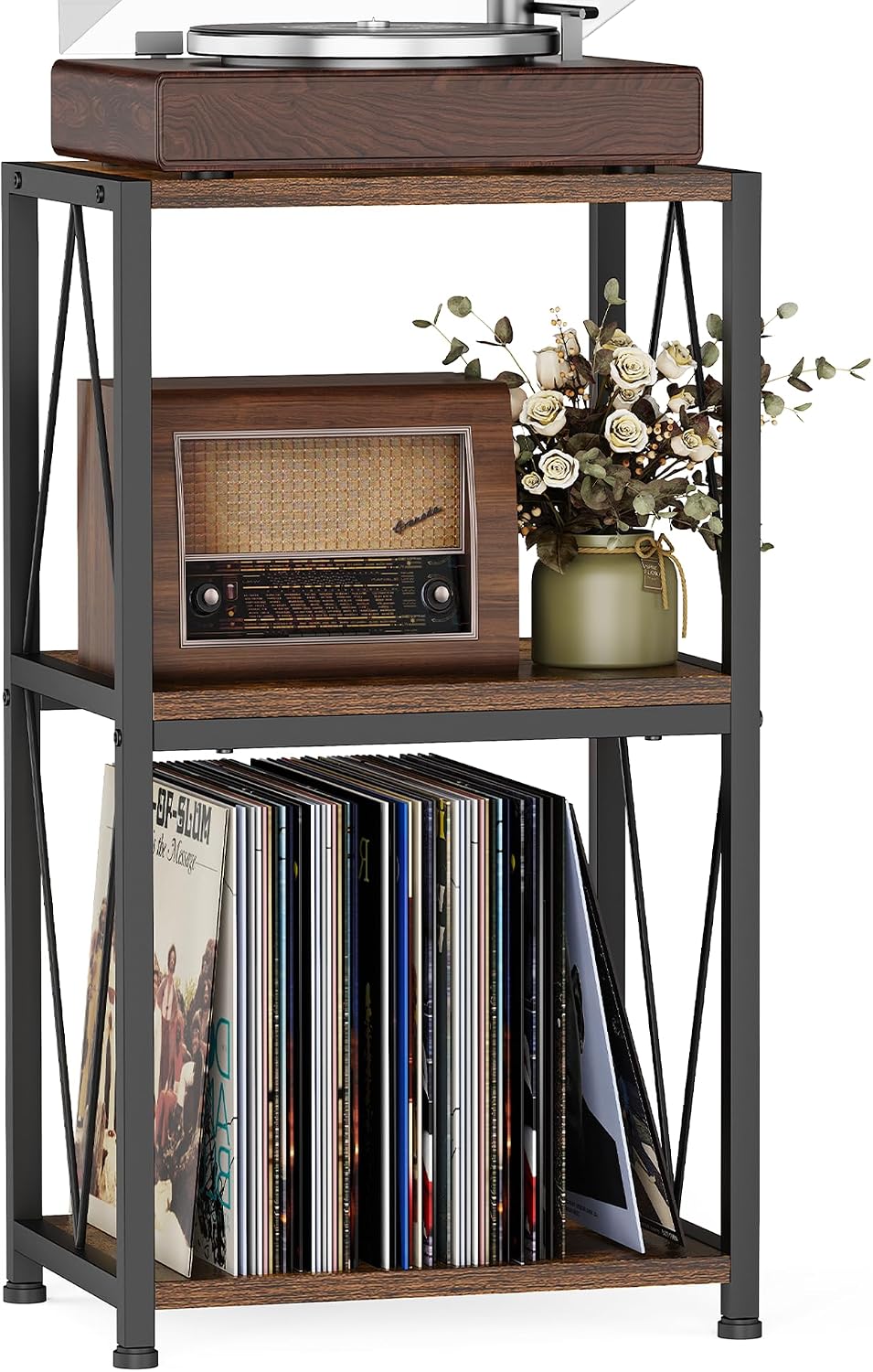 HFHOME Record Players Stand, 3 Tier End Table with Vinyls Record Storage, Records Player Table with Storage, Turntable Stand for Vinyl Player, Vinyl Records Holder for Living Room, Bedroom