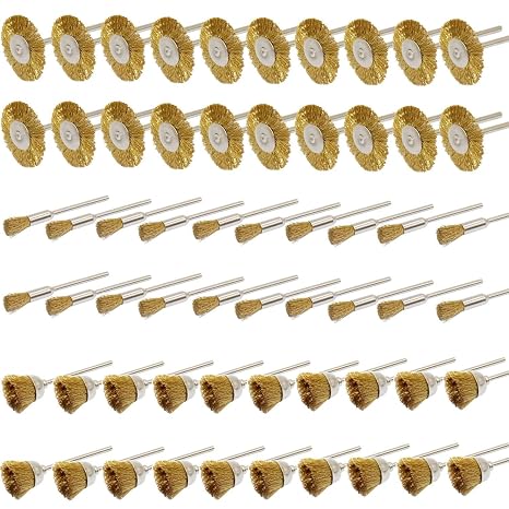 Brass Wire Brushes Cup Wheels Polish Cleaning Brush Kit Polishing Attachment Die Grinder Rotary Tools Accessories 3 MM Mandrel 60 Pieces