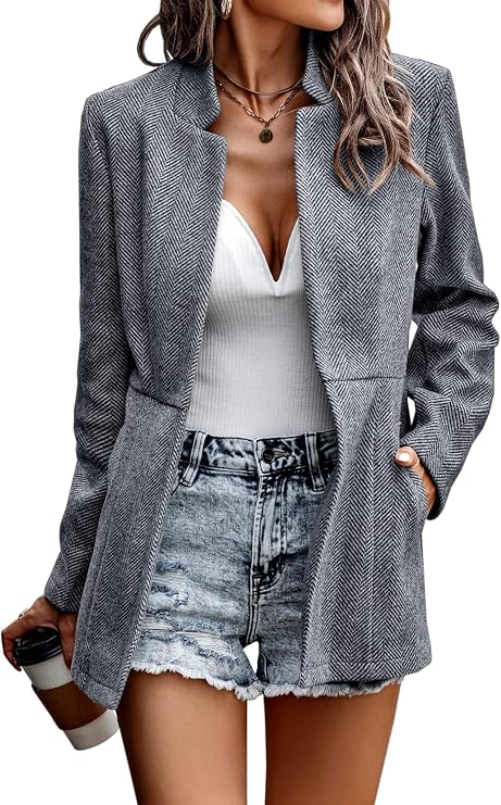 Jhsnjnr Women's Jackets Open Front Casual Business Office Cardigan Blazers Long Sleeve Stand Collar Outwear Coats