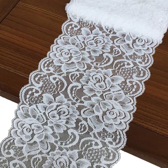 Lace Realm 6 Inches Wide Stretchy Lace Ribbon with Floral Pattern for Bridal Wedding Decorations , Sewing-5 Yards (9100 white)