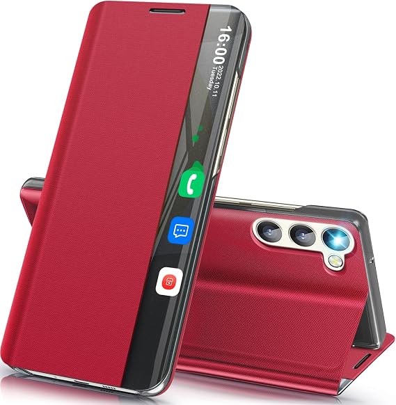 Phone Case for Samsung Galaxy S24 Case, Clear View Window Luxury Slim Mirror for Galaxy S24 Case with Kickstand, Leather Hard PC Flip Shockproof Protective Cover for Samsung S24 5G Case (Red)