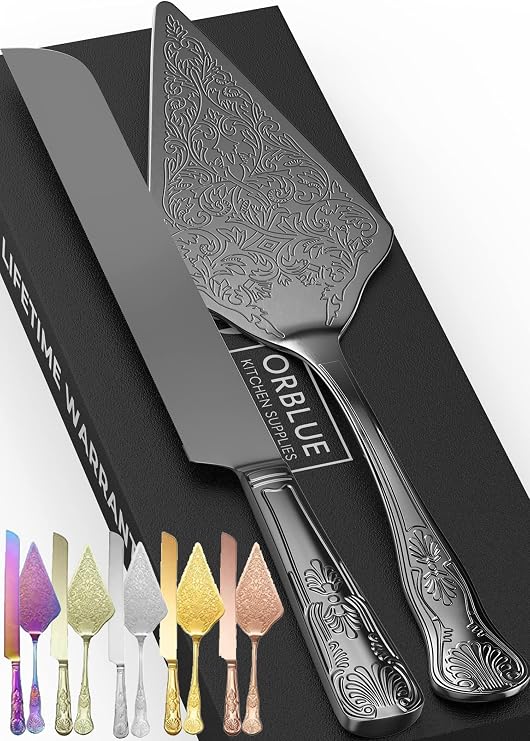 Orblue Wedding Cake Knife and Server Set - Premium, Beautifully Engraved Cutting Set - Elegant Keepsake for Newlyweds Black