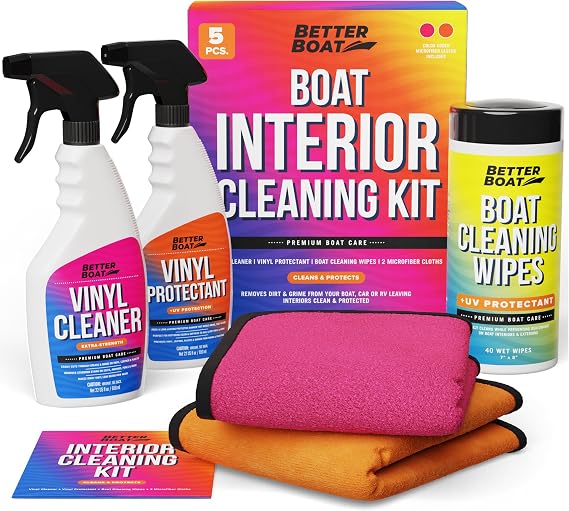 Boat Interior Cleaning Kit, Marine Vinyl Protectant and Cleaner, Wipes | Microfiber Cloths, for Boat Seats, Pontoon Accessories, Jet Ski, Car, and RV Care Supplies