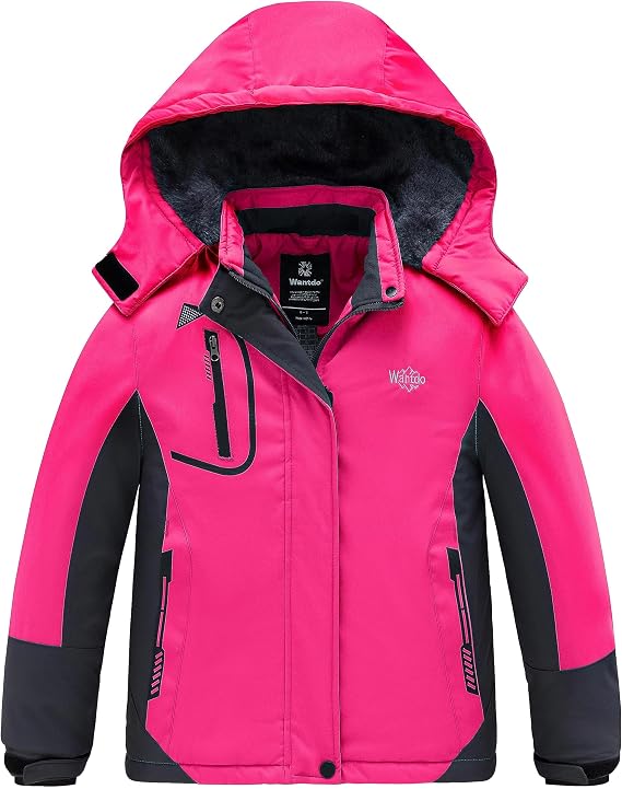 wantdo Boy Waterproof Ski Jacket Fleeced Winter Coat Red & Girl Ski Jacket Rose Red Size 8