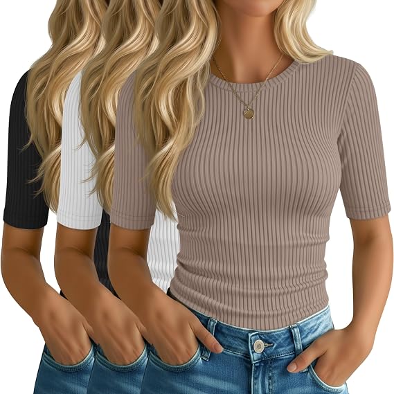 Riyiper 3 Pack Women's Elbow Length Ribbed Tees