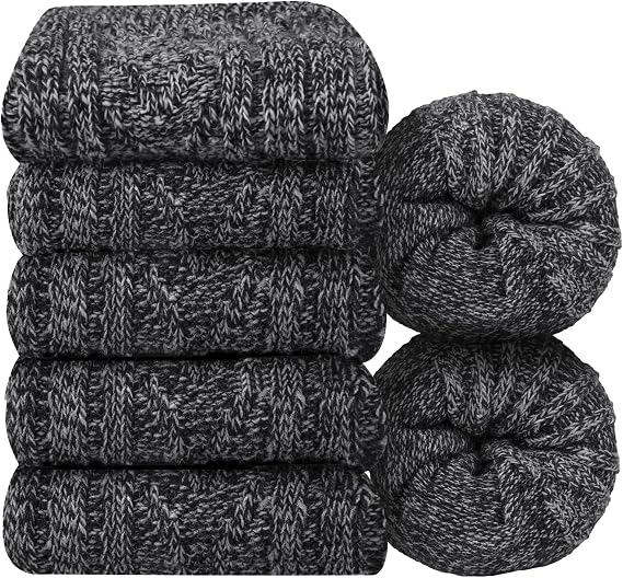 5 Pairs Merino Wool Socks for Men, Winter Warm Crew Socks | Soft Knitted, High Elasticity, Breathable Moisture-Wicking, Stoking Stuffers, Cold Weather Match, Casual Hiking Walk