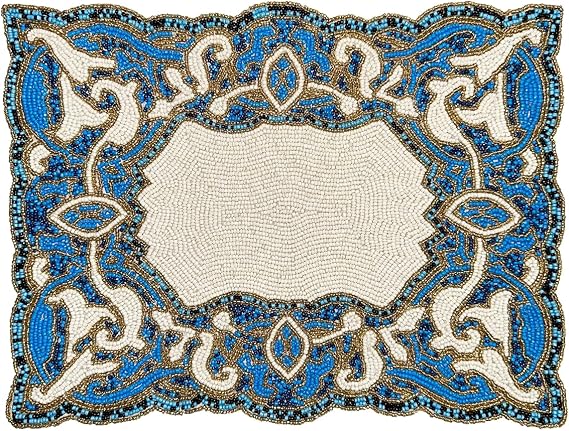 Decozen Placemats, Set of 2 - Charger Plates Beaded Place Mats, 12 x 16 Inches for Mothers Day Decorations, Wedding, Kitchen, Office, Home Decor Heat Resistant Mat, Blue White, Christmas Placemats