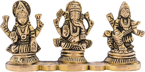 Brass Lakshmi Ganesh and Saraswati Puja Article for Pooja Ghar Home Temple Mandir Traditional Religious Auspicious Pital Items Décor Decoration and Gifting (Lakshmi Ganesh and Saraswati Stand)