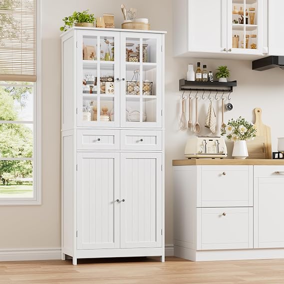 HOCSOK Pantry Cupboard, 180 cm Kitchen Larder Cupboard, Glass Doors, White | Display Cabinets with Strip Splicing Design for Dining Room, Office, Living Room, Modern, MDF with Painted Panels