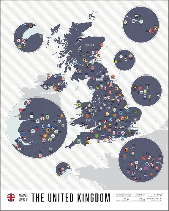 Pop Chart | Football Clubs of the United Kingdom | 16" x 20" Art Poster | 100+ Soccer Clubs from England, Scotland, and Wales on One Map | Wall Decor | 100% Made in the US