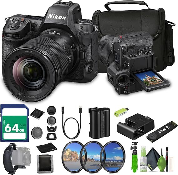 Nikon Z8 Mirrorless Camera with 24-120mm f/4 Lens + Soft Case + Memory Card Wallet + 64GB Memory Card + Card Reader + Hand Strap + 3 Piece Filter Kit + 12 Inch Flex Tripod + More