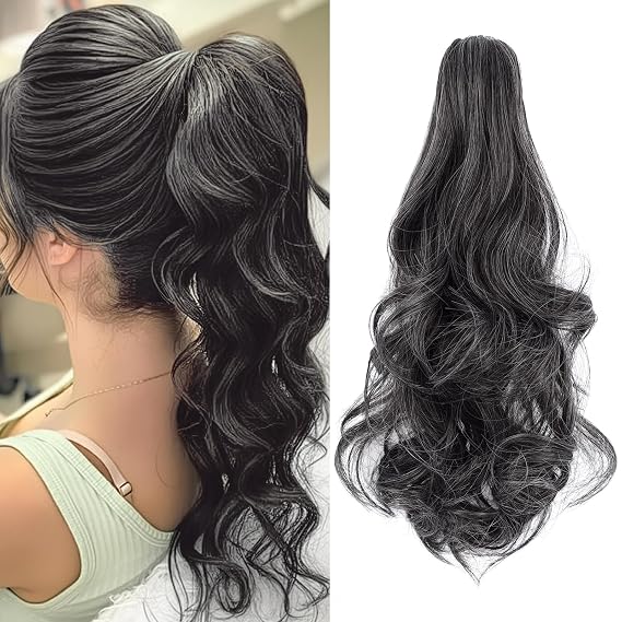 Felendy Ponytail Extension Claw 18" 20" Curly Wavy Straight Clip in Hairpiece One Piece A Jaw Long Pony Tails for Women Dark Brown Mix White