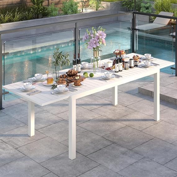 Outdoor Expandable Table for 6-8, Extendable Patio Table with an Umbrella Hole, Aluminum Extendable Table, Space-Saving-Creamy White