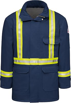 Bulwark Flame Resistant 7 oz CottonNylon Excel FR ComforTouch Regular Deluxe Parka with CSA Reflective Trim with Fully Insulated Stand-up Collar, Knit Storm Cuff, Navy, Medium