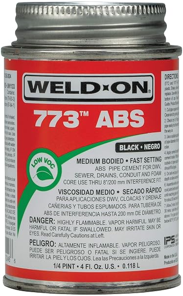 Weld-On 10246 773 ABS Medium-Bodied High Strength Solvent Cement - Fast Setting and Low-VOC, Black, 1/4 Pint (4 fl oz)