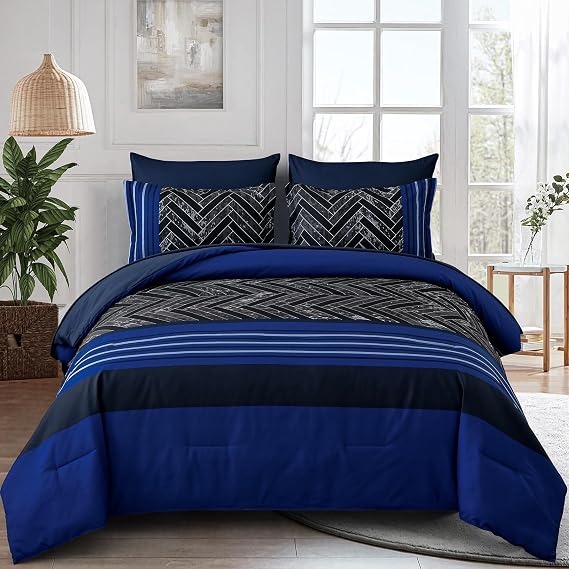 Luxudecor Blue Full Size Comforter Set, 7 Pieces Bed in a Bag, Striped Comforter Set with Sheets, Soft Microfiber Complete Bedding Sets for All Seasons