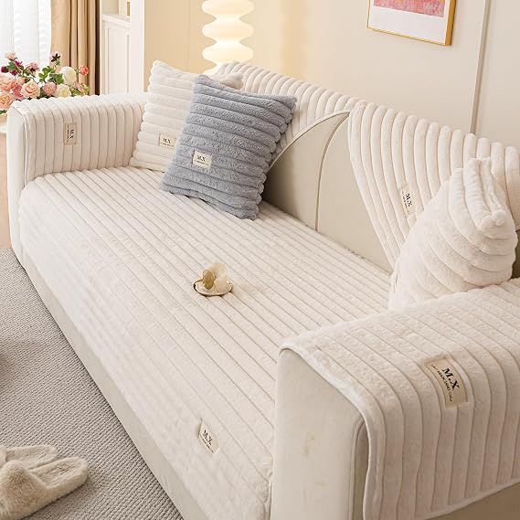 Fuzzy Sectional Couch Cover for Sofa, Plush Sofa Covers Washable for Single Cushion Armchair Couch,Non-slip Slipcover Sofa Covers for Pets Dogs Furniture Protector(1PC,White,28"x28")