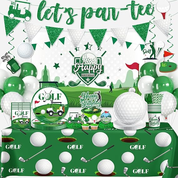 342pcs Golf Party Decorations, Golf Birthday Decorations Include Golf Plates and Napkins Set, Banner Hanging Swirls Tablecloth Cupcake Topper Balloon, for Golf Birthday Party Decorations, Serves 50