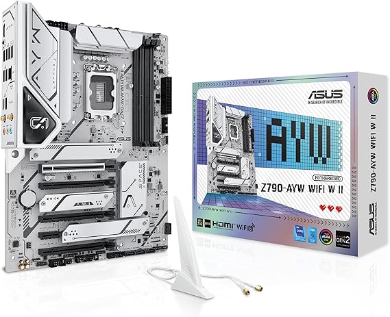 ASUS Z790-AYW WiFi W II Intel Z790 (LGA 1700) ATX Motherboard with PCIe 5.0, 3X M.2, 12+1 DrMOS, DDR5, WiFi 6, 2.5Gb LAN, HDMI, USB 10Gbps Type-C, USB 10Gbps Type-C, ThunderboltTM, USB4, Aura Sync