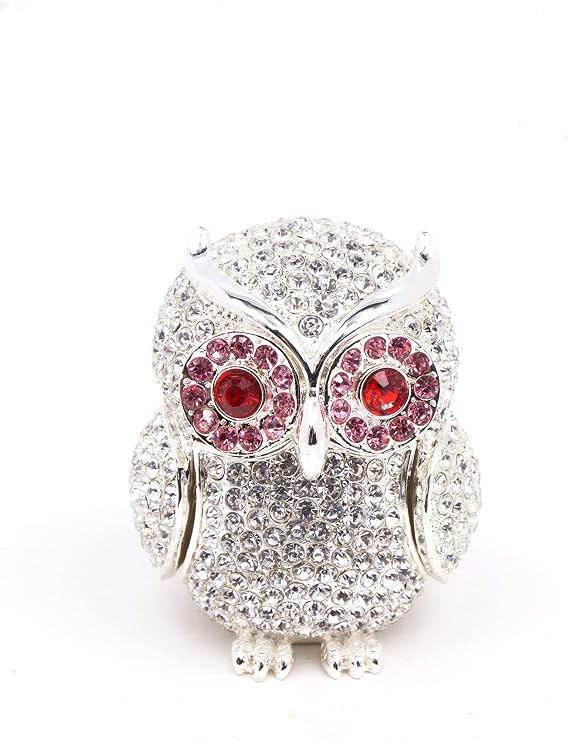 VI N VI Owl Jewelry Box Trinket Box Silver, Red, Pink Rhinestones Petite | Hand Painted Collectible Figurine and Decorative Jewelry Display, Holder, and Organizer