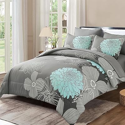 Yiran California King Comforter Set Grey Floral Comforter for All Season Cal King Soft Microfiber Bedding Set,7 Pieces,104x96