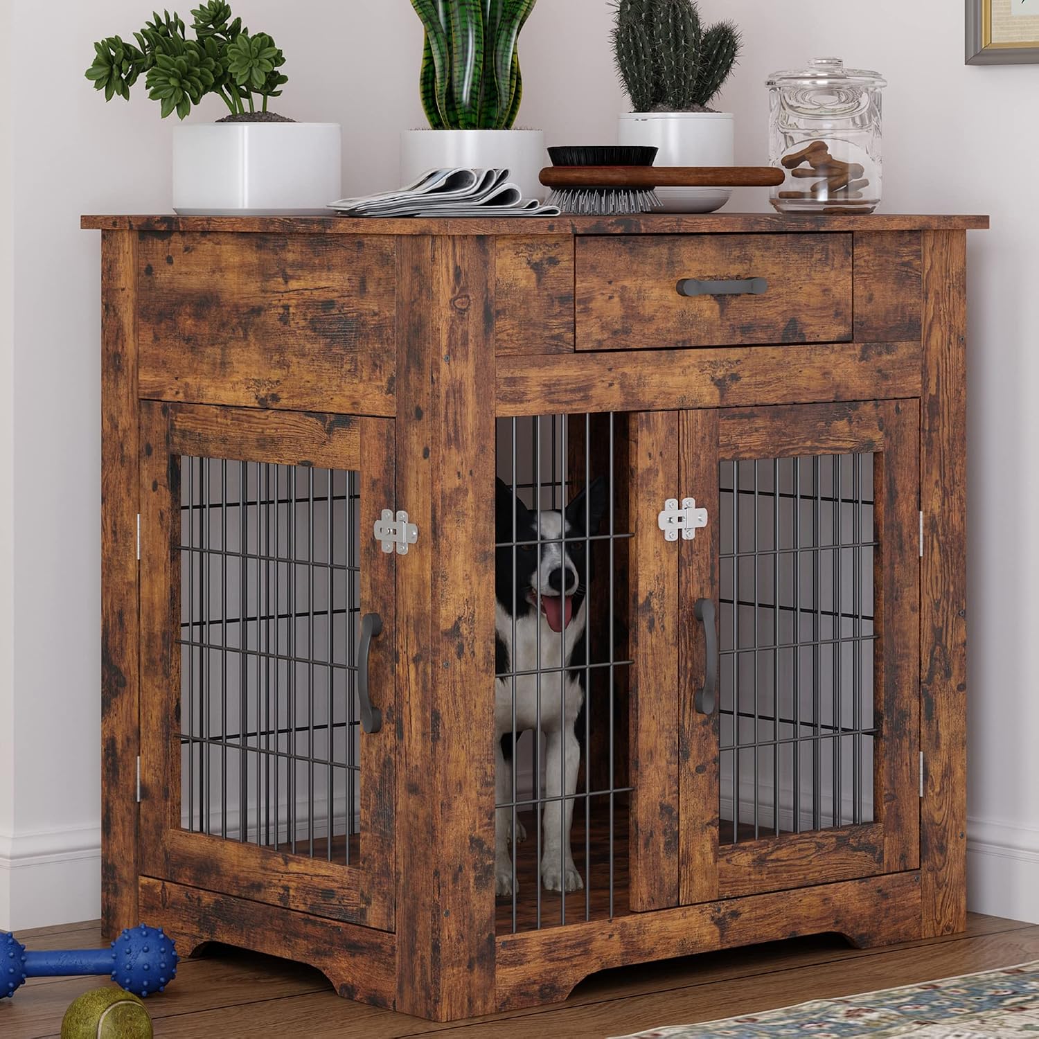 Pvillez Wooden Dog Crate Furniture, Dog Crate End Table with Drawer, Wooden Dog Kennel with Double Doors, Decorative Dog Kennel for Medium Large Dogs, Dog Cage Indoor Use, Chew-Proof, Rustic Brown