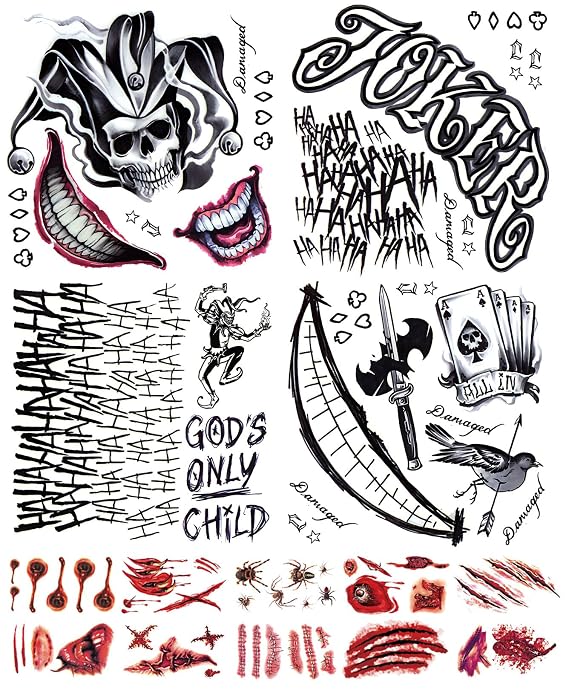 Joker Tattoos Temporary Halloween - 14 Sheets Temporary Tattoos for Men Fake Tattoo Stickers Joker Costume Masquerade Cosplay Party Accessories Makeup Waterproof