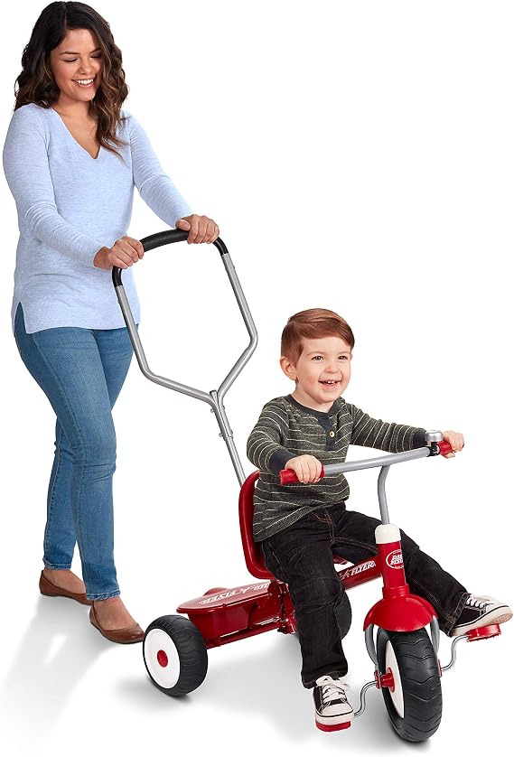 Radio Flyer Deluxe Steer & Stroll Trike, for Kids 2-5, Red, Adjustable Seat | 2-in-1 Parent Steer Tricycle, Removable Push Handle, Steel Frame, Tricycle for Toddlers and Kids, Covered Storage Bin
