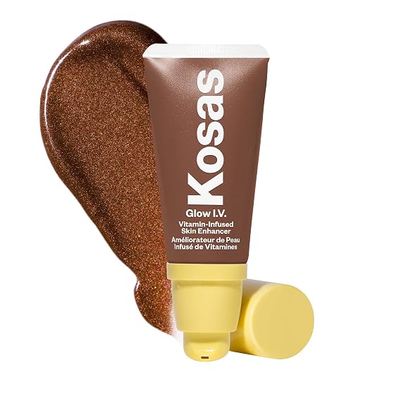 Kosas Glow I.V. Face Illuminator and Liquid Highlighter, Energize | Vitamin-infused liquid illuminator to hydrate and add customizable radiance when worn alone, under makeup or mixed in.
