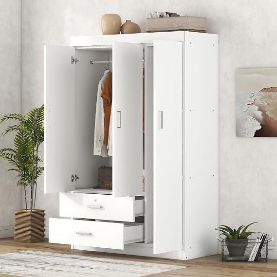 3 Doors Armoire Wardrobe Closet with Drawers, Large Freestanding Wardrobe Storage Closet with Hanging Rod, Bedroom Armoires Wardrobe Cabinet Organizer, White