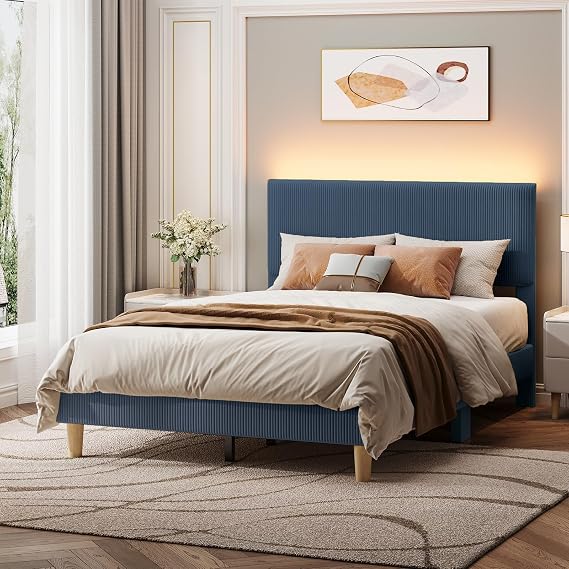 Bestier Full Bed Frame with Adjustable Headboard,LED Light,Blue