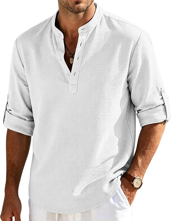 Men's Casual Henley Shirts Collarless Roll-up Long Sleeve Button Down Waffle T Shirt