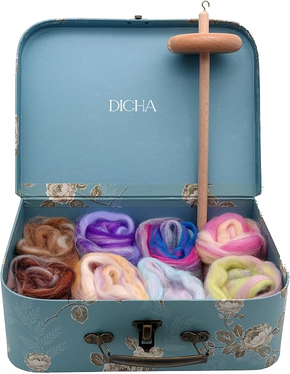 DICHA 3 Inch Drop Spindle Kit- High Low Whorl Wooden Spindles with 5.6 Oz Merino Wool/Top and Instructions-Weaving Spinning Wheels for Beginners-All in A Gift Box-Perfect Spinner Gifts(MC)