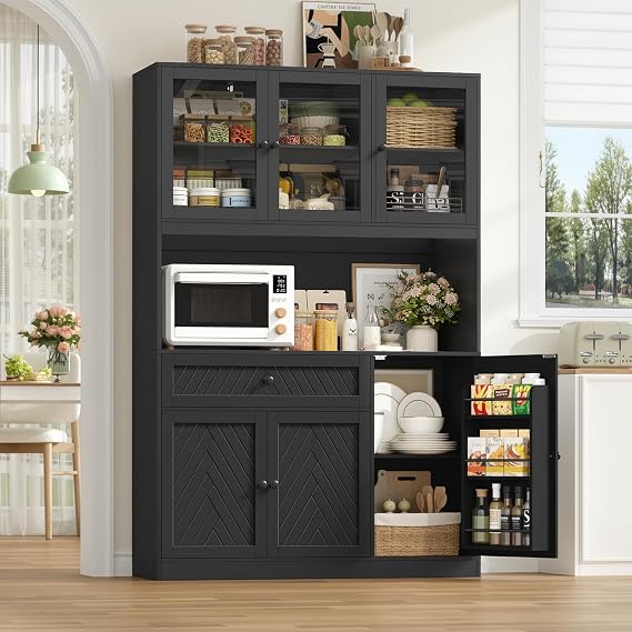 BOTLOG 72 Tall Kitchen Pantry Storage Cabinet, Modern White Kitchen Hutch with Large Storage Drawer, Countertop, Adjustable Shelves, Food Pantry Cabinets for Dining Room, Living Room (Black)