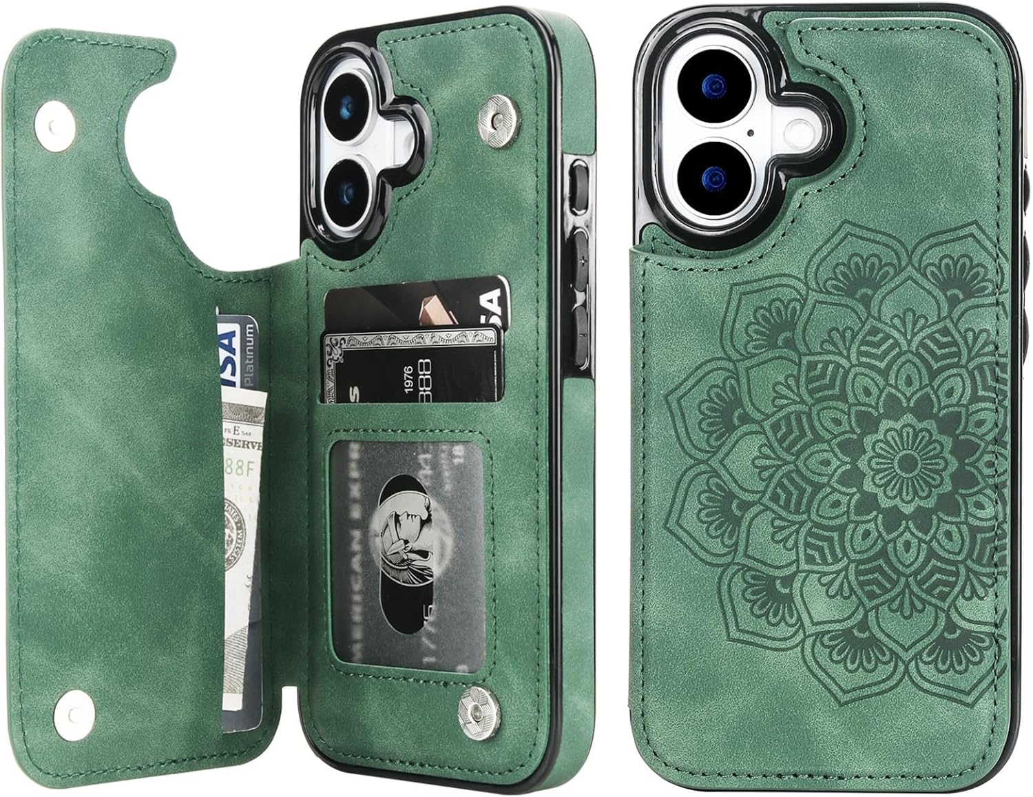 Vaburs Compatible with iPhone 17 Case Wallet with Card Holder, Embossed Mandala Pattern Flower PU Leather Double Buttons Flip Shockproof Cover for Magnetic Car Mount 6.3 Inch Dark Green