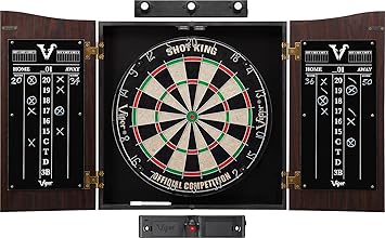 Viper Vault Cabinet & Shot King Sisal/Bristle Dartboard Ready-to-Play Bundle with Two Sets of Steel-Tip Darts, Throw Line, and Dry Erase Scoreboards, Walnut Finish