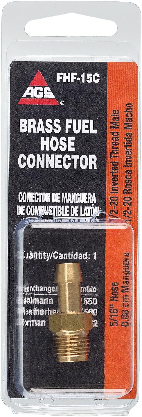AGS FHF-15C Brass Fuel Connector, 5/16 Hose, Male (1/2-20 Inverted), 1/card
