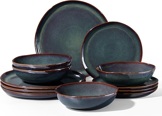 Homikit 12-Piece Dinner Set, Reactive Glaze Stoneware for 4, Green
