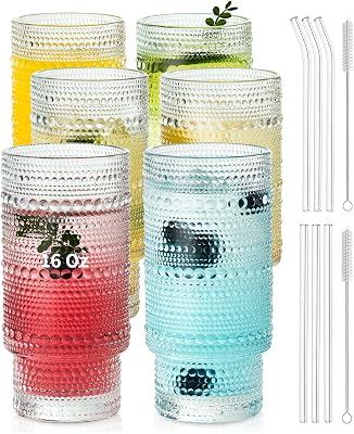 KEMORELA Glass Cups Vintage Glassware Set of 6 Large, Hobnail Drinking Glasses, 16oz Glass Cups With Straws, Romantic Hobnail Highball Glasses, Bar Beverages Ice Coffee Cup Glassware