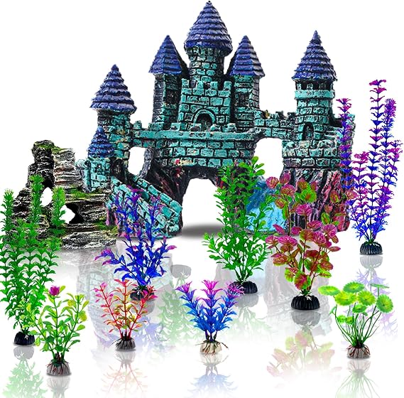 Mechpia 13 Pieces Aquarium Decorations Kit, Fish Tank Decorations Set Small Resin Castle and Rockery Betta Fish Cave Hideout Coral Artificial Plastic Plants Ornament Accessories