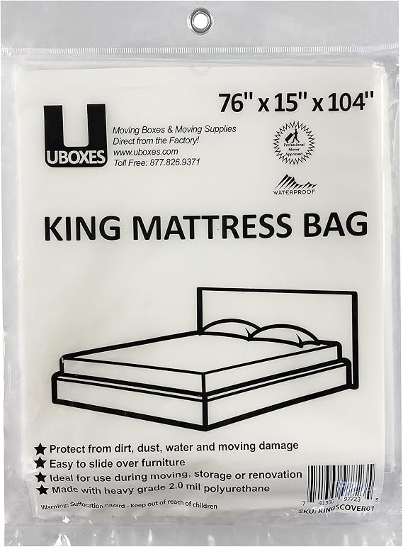 UBOXES Moving Supplies King Size Mattress Cover/Bag 76x15x104 in, (KINGCOVER01),Clear Plastic