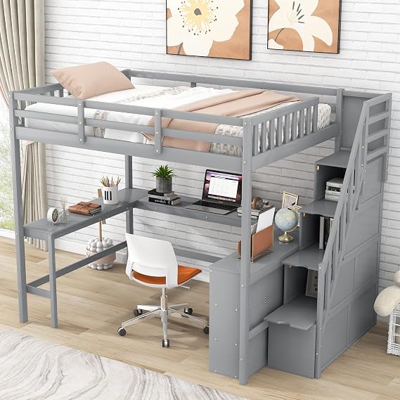 Full Size Loft Bed with Built-in L-Shaped Desk and Bookshelves, Solid Wood Loft Bed Frame with Safety Guardrail and Storage Staircase for Kids Teens Adults, Maximized Space Gray-Stair