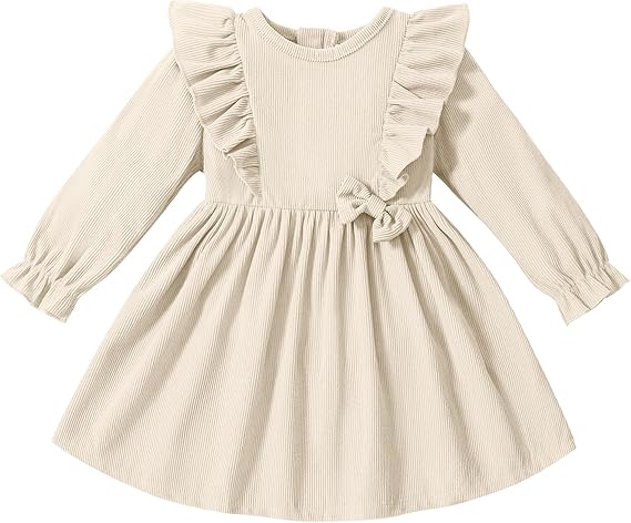 Toddler Baby Girls Dress Long Sleeve Ruffle Dress for Baby Girls Casual Solid Corduroy Little Kids Winter Clothes
