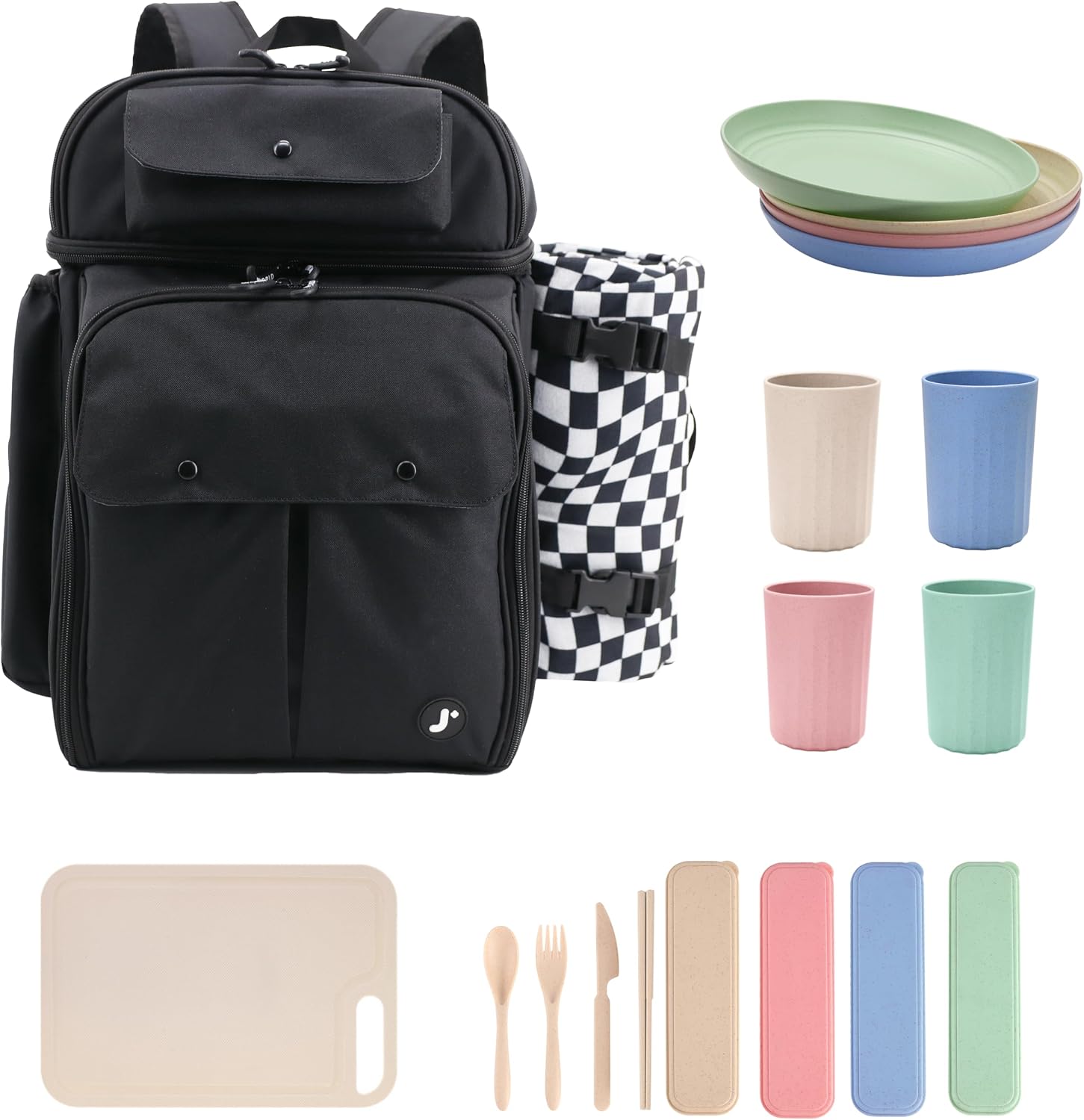 J World Picnic Backpack Cooler for 4. Insulated Picnic Basket Set with Folding Waterproof Blanket. Beach Camping Wedding Engagement Gift for Couples, Black