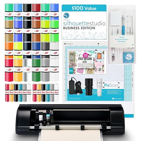 Silhouette Cameo 4 Black Bundle with Vinyl Starter Kit, Heat Transfer Starter Kit, 2 Autoblade-2, 24 Pack of Pens, CC Vinyl Tool Kit, 120, and Access to Ebooks, Tutorials, Classes.