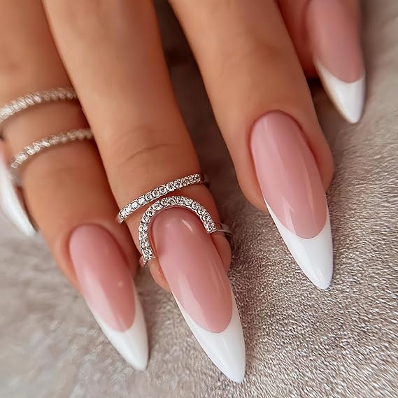 White French Tip Press on Nails Long Stiletto Fake Nails Nude Pink Nails Press ons Nail Tips Stick on Nails Almond Shape Acrylic False Nails Glossy Full Cover Glue on Nails for Women DIY Manicure