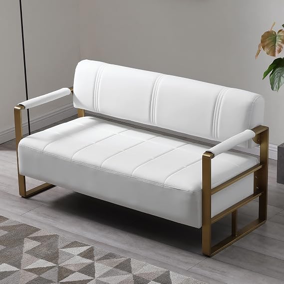 58" Faux Leather Loveseat Sofa, Mid-Century Modern Love Seat, Small Couch for Office Living Room Apartment, Comfy Upholstered Sofa with Comfortable Cushioned Seat & Armrests (White, Faux Leather)