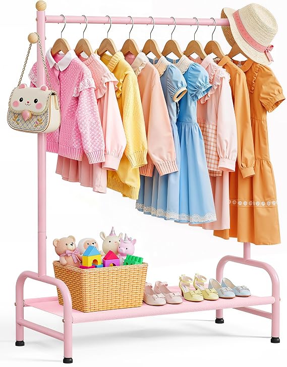 Sakugi Clothes Rack - Sturdy Metal Kids Clothing Rack with Bottom Storage Shelf & Adjustable Feet, Dress Up Storage for Toddler's Bedrooms, Nurseries, Playrooms, 31" x 12.5" x 47.8", Pink