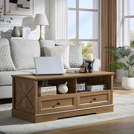 48" Farmhouse Coffee Table for Living Room, Wood Coffee Table with Storage, Rustic Rectangular Natural Oak Table Center Table with 2 Drawers, Large Tabletop Dining Table for Home Living Room
